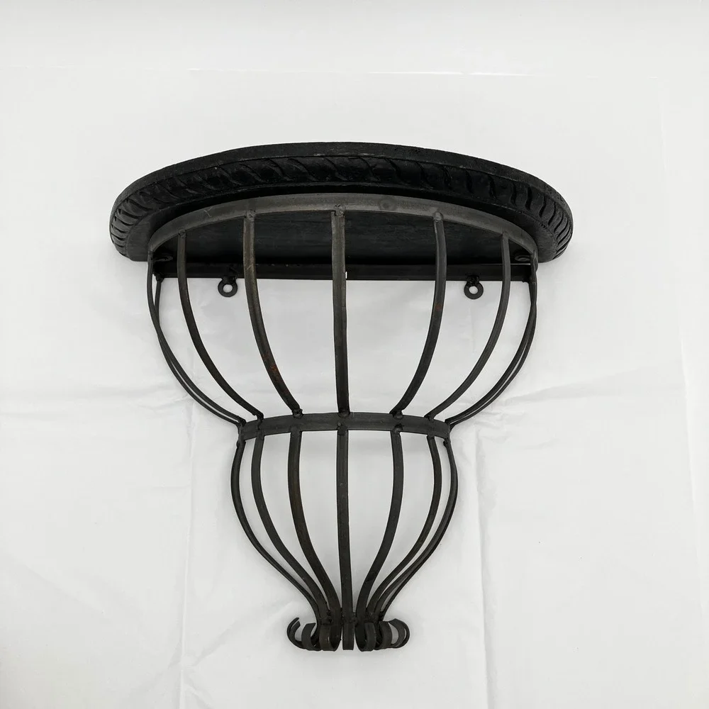 Wall Sconce Shelf 12x10 Black Wrought Iron Cage Carved Wood Top Vintage